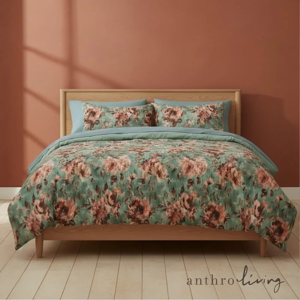 NEW Anthro 7 Piece Green Velvet Boho Queen / King Bedding Comforter & Sham Set